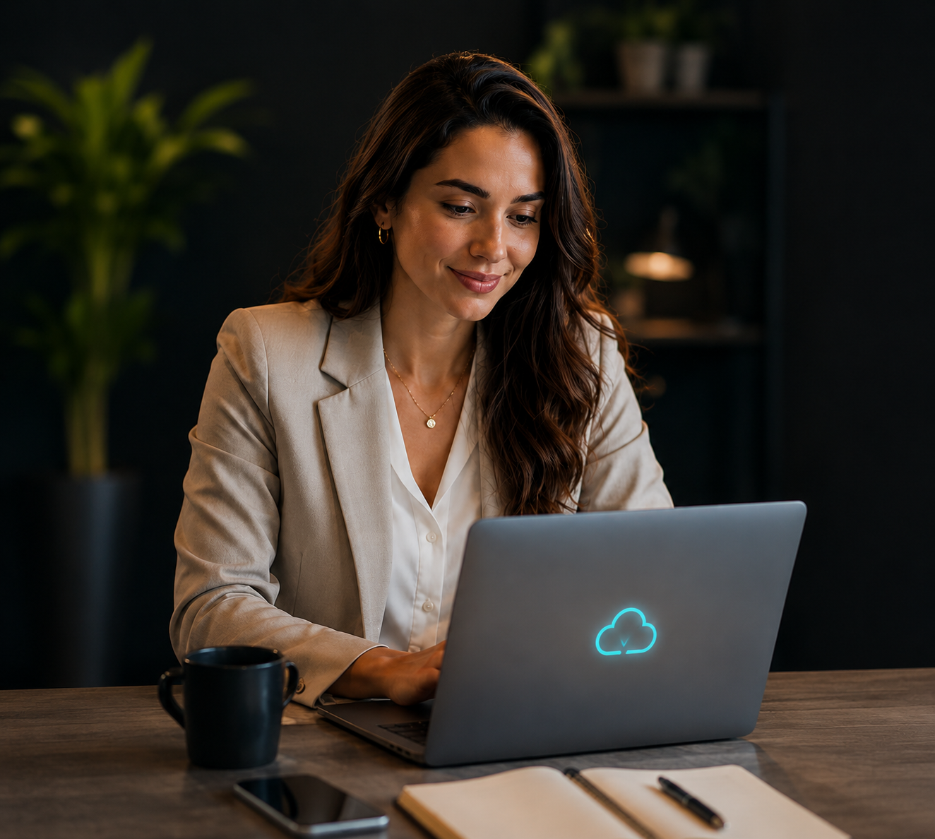Mujer trabajando mientras ConversiaCloud atiende clientes